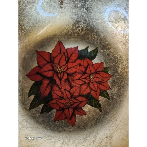 Christmas Holiday Glass Gold Bowl With Poinsettia Design - 10 Inch Diameter x 3 - Picture 8 of 12